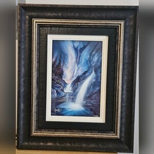 Elegant Waterfall Art Print in Black and Blue Frame
